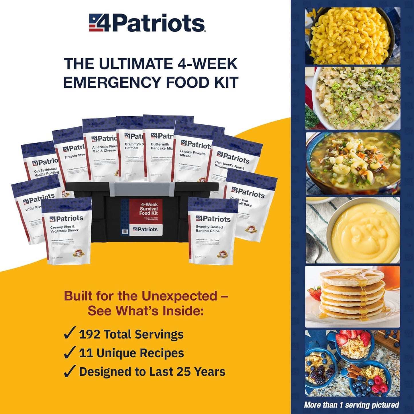 4Patriots: 4-Week Emergency Food Supply Survival Kit, Perfect for Camping, Freeze Dried Preparedness Food, Designed to Last 25 Years, Be Ready with 192 Servings of Delicious Breakfast, Lunch, & Dinner