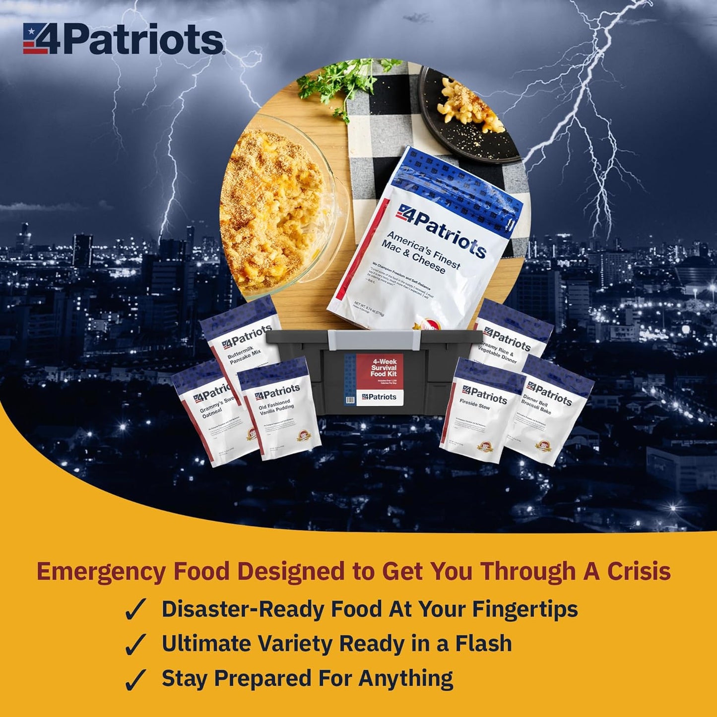 4Patriots: 4-Week Emergency Food Supply Survival Kit, Perfect for Camping, Freeze Dried Preparedness Food, Designed to Last 25 Years, Be Ready with 192 Servings of Delicious Breakfast, Lunch, & Dinner