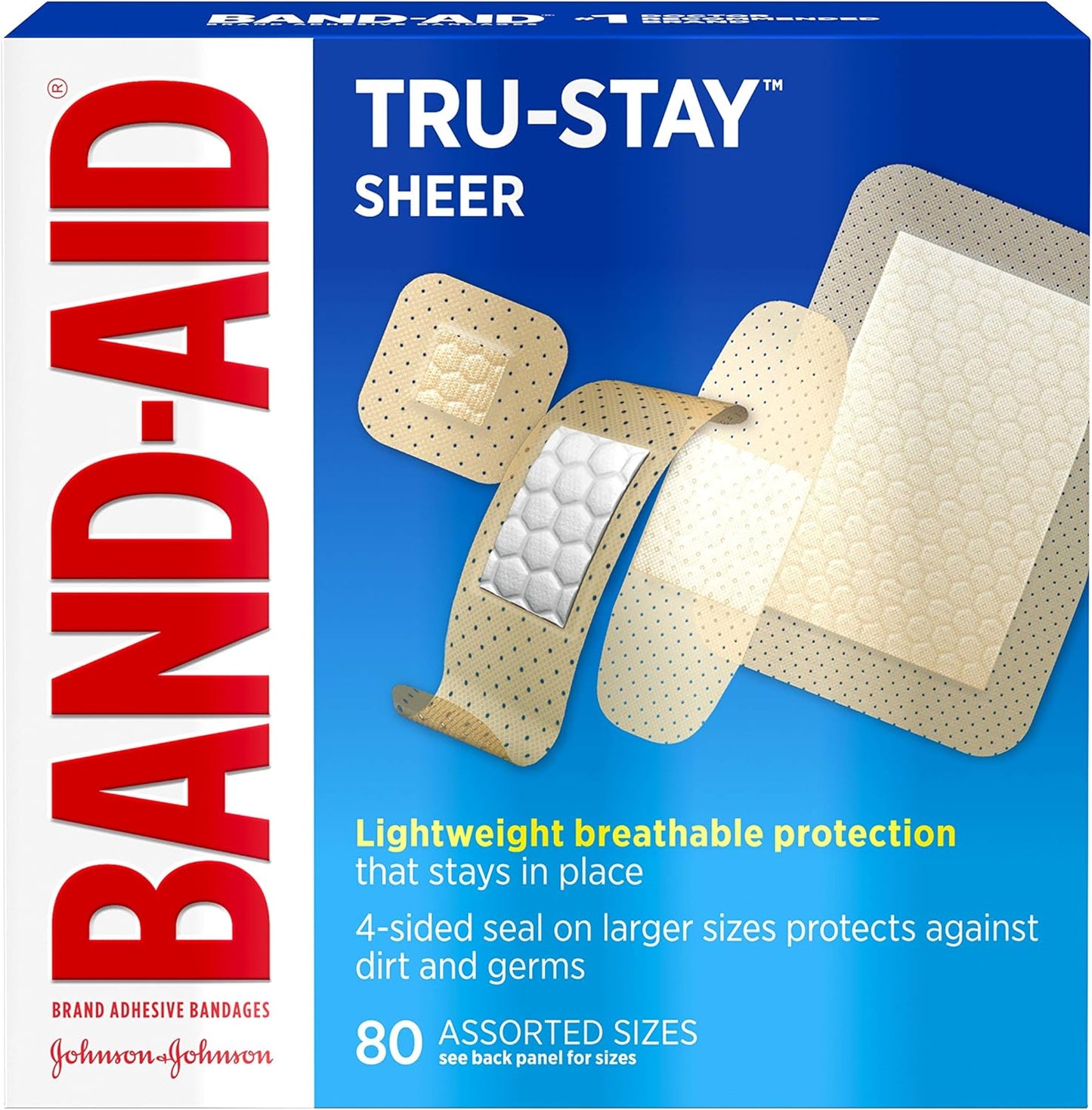 Band-Aid Brand Tru-Stay Sheer Strips Adhesive Bandages for First Aid and Wound Care, Assorted Sizes, 80 ct