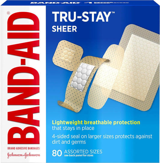 Band-Aid Brand Tru-Stay Sheer Strips Adhesive Bandages for First Aid and Wound Care, Assorted Sizes, 80 ct